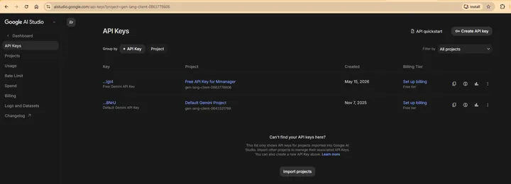 Google AI Studio API Keys page with a Create API key button.