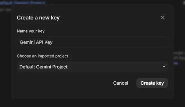 Create a new key dialog in Google AI Studio.