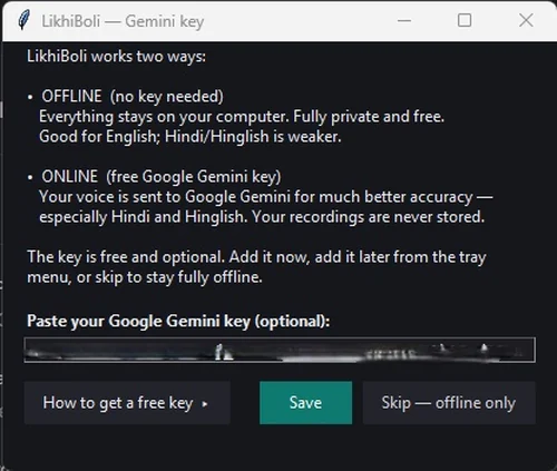 LikhiBoli's Gemini key window where you paste the key, or skip to stay offline.