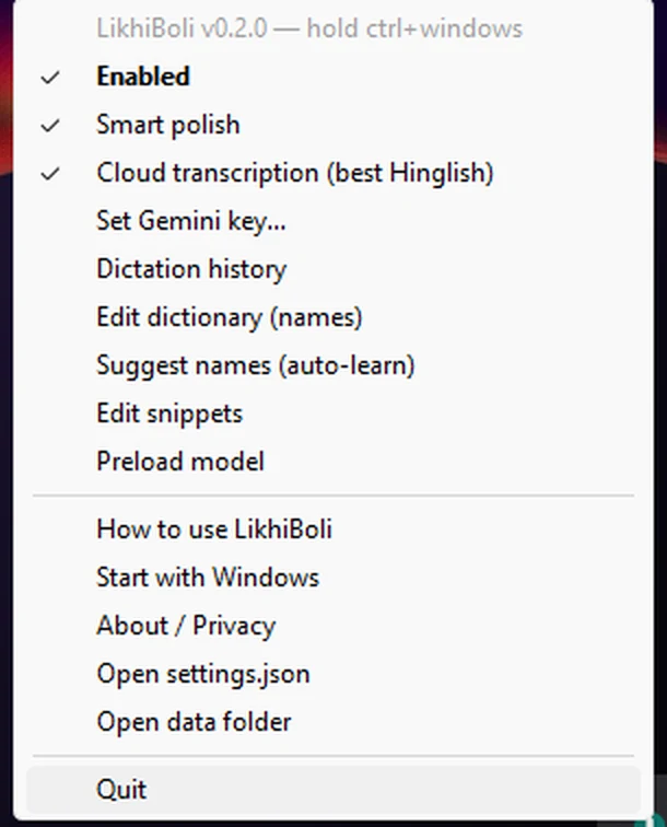 LikhiBoli system-tray menu showing options: Enabled, Smart polish, Cloud transcription, Set Gemini key, Dictation history, Edit dictionary, and more.
